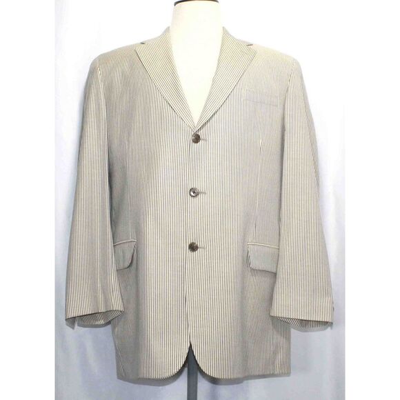 Vintage Aquascutum‎ Beige Gray Striped 3 Button Blazer Jacket Mens Size 44